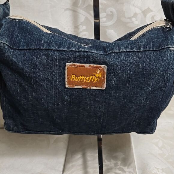 Butterfly Denim Shoulder Bag with  Multicolor Accents - Picture 5 of 8